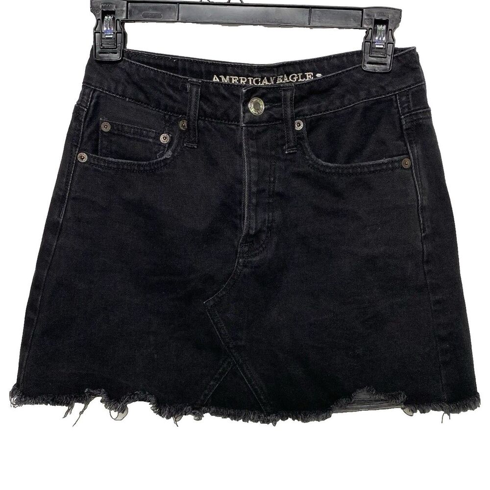 American Eagle Denim Button Fly Mini Skirt Raw Hem Preppy Gunge Womens 0 Black